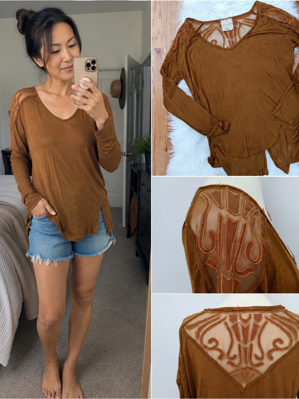 Free People Sheer Lace Detail Top Medium boho